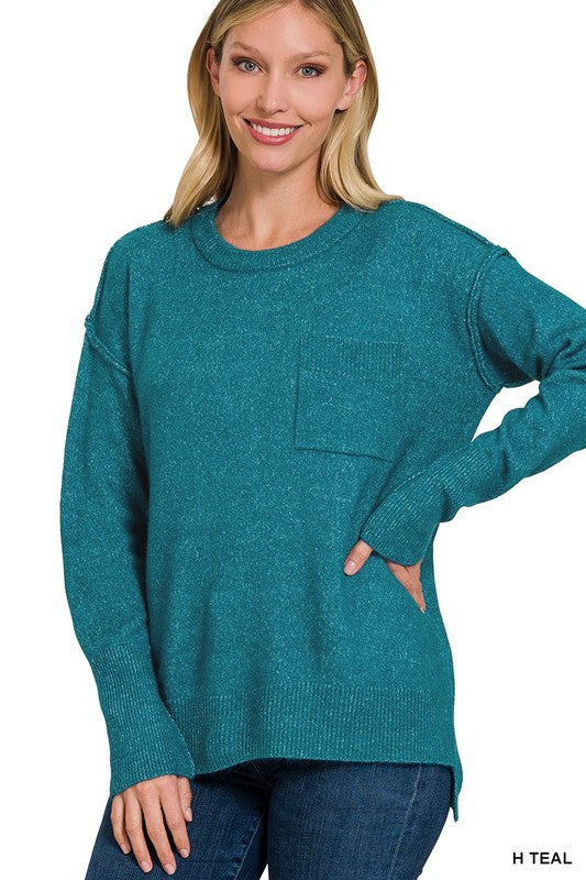 Melange Hi-Low Hem Round Neck Sweater