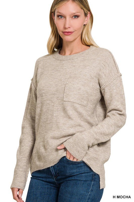 Melange Hi-Low Hem Round Neck Sweater