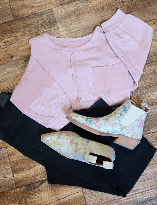 Pink Patchwork Waffle Knit Top