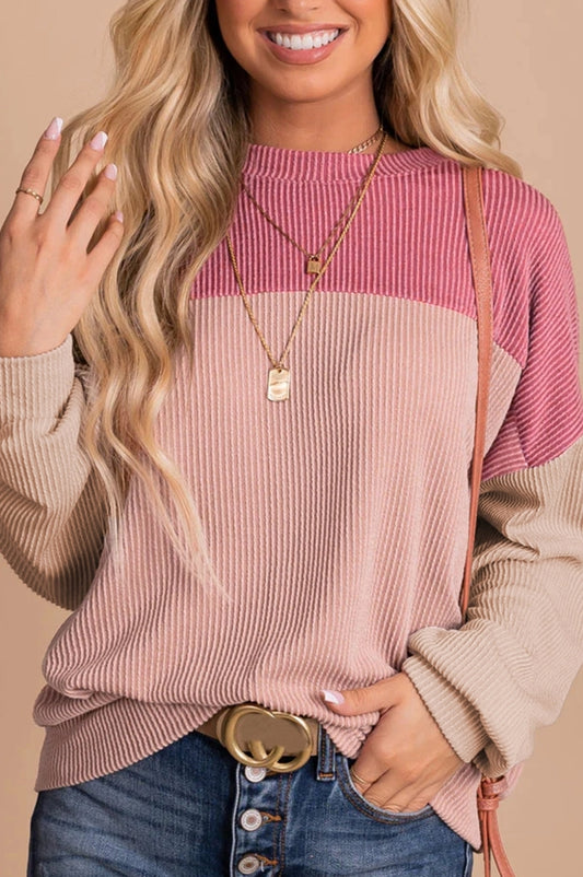 Pink Color Block Long Sleeve Top